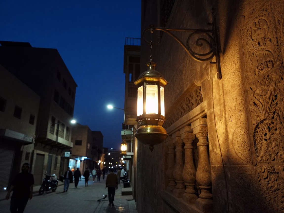 Midnight Cairo Street Scene with Traditional Lantern and Urban Horizon in in Cairo, Egypt