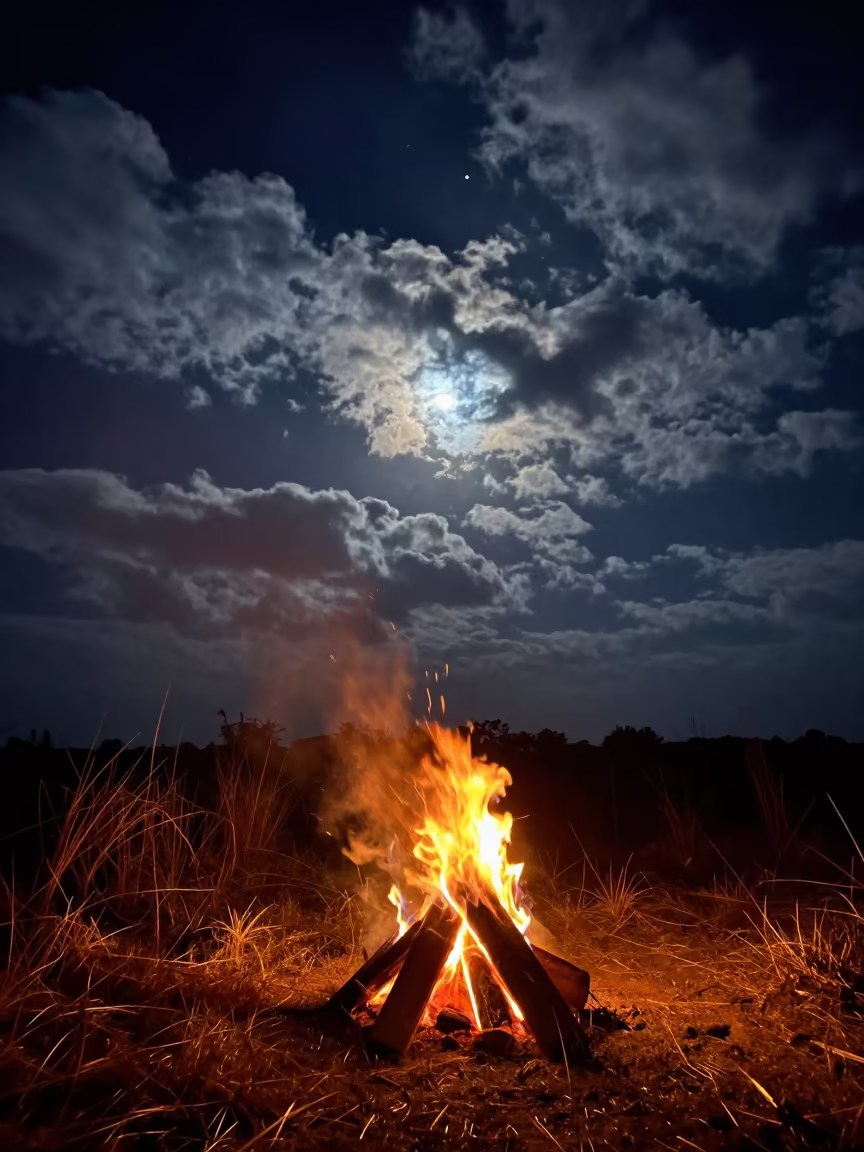 Midnight Campfire Under Winter Stars Near Ranchi in under a band of cold starlight near Ranchi