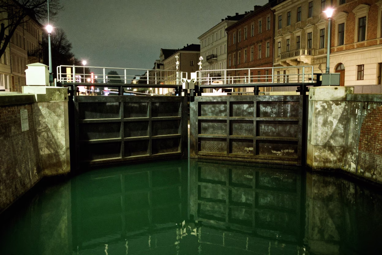 Midnight Canal Lock Gate Closing on Still Green Water in Vienna Austria in in Vienna, Austria
