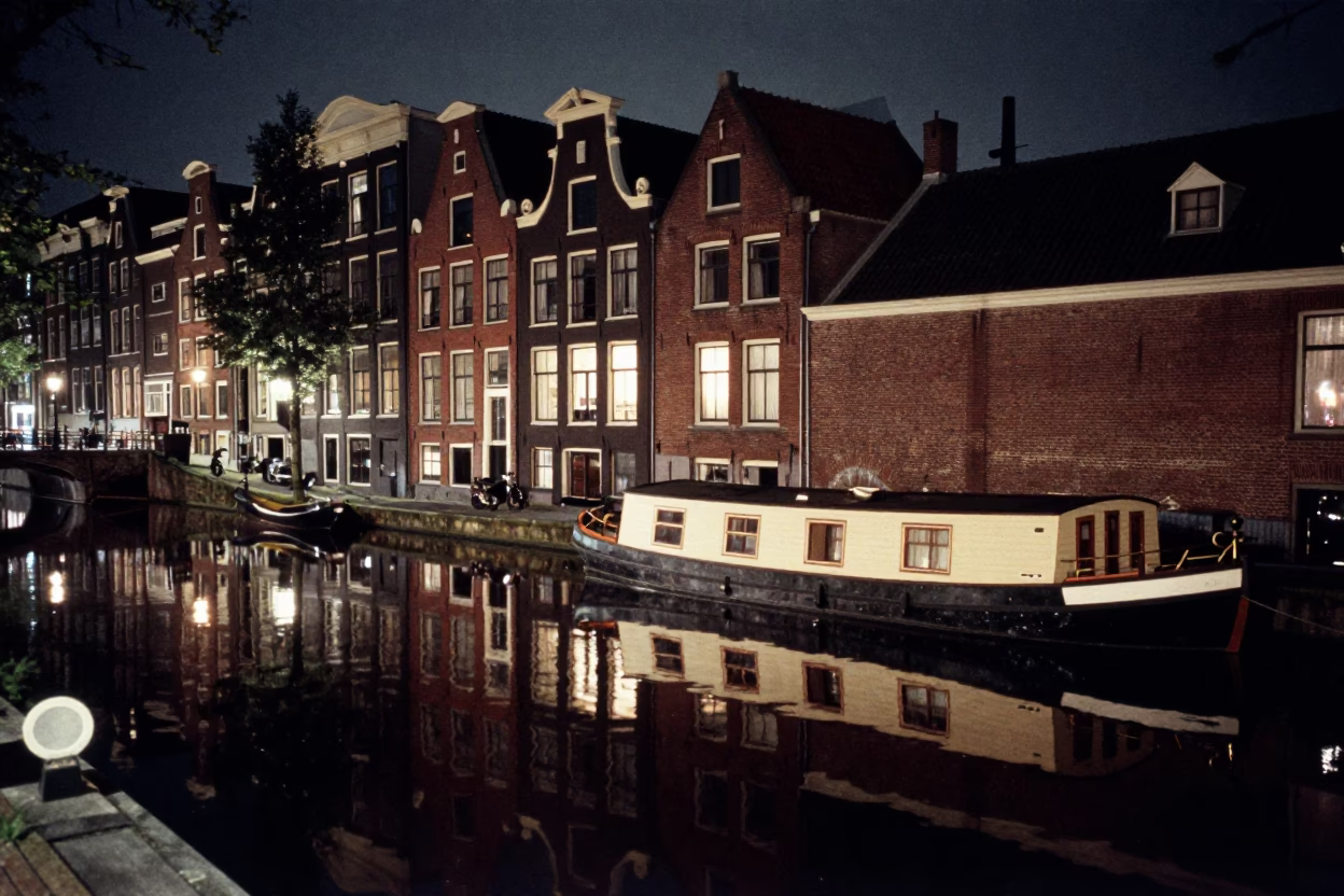 Midnight Canal Reflections in Amsterdam Netherlands with Traditional Barge and Brick Architecture in in Amsterdam, Netherlands