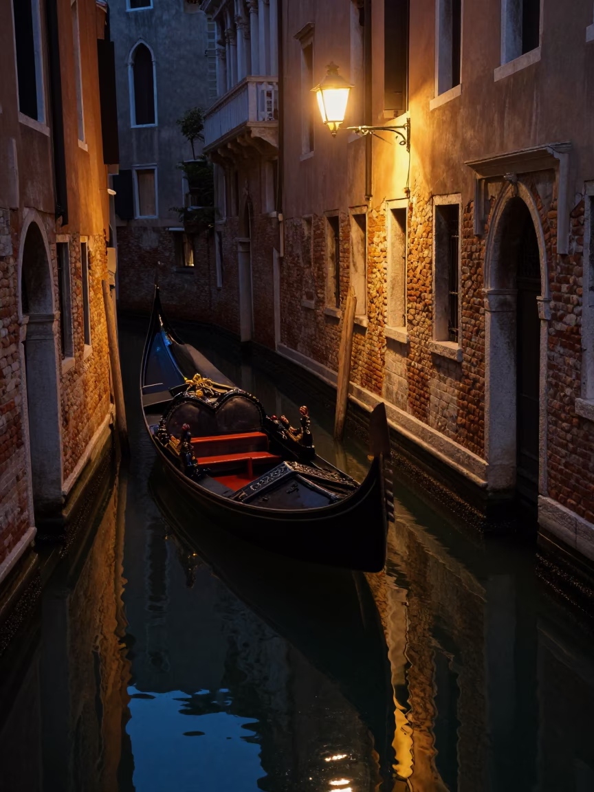 Midnight Canal Reflections in Venice Italy with Traditional Gondola and Stone Architecture in in Venice, Italy