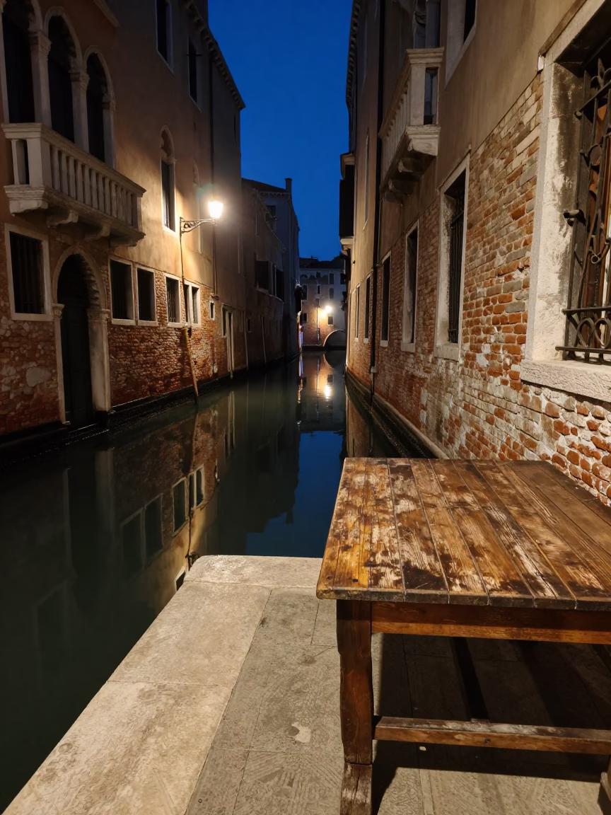Midnight Canal Reflections in Venice Italy with Weathered Terrace Details in in Venice, Italy