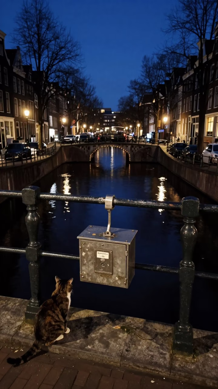 Midnight Canal Scene Amsterdam Netherlands with Lockbox and Cat in in Amsterdam, Netherlands