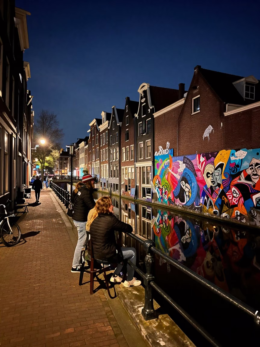 Midnight Canal Scene in Amsterdam Netherlands with Colorful Street Art and Quiet Water Reflections in in Amsterdam, Netherlands