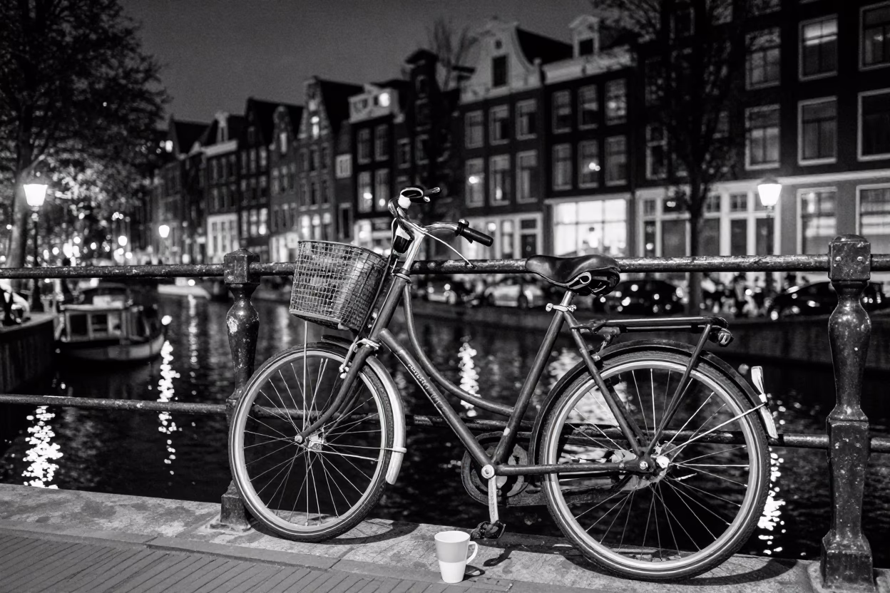 Midnight Canal Scene in Amsterdam Netherlands with Vintage Bicycle and Cup on Cobblestone in in Amsterdam, Netherlands