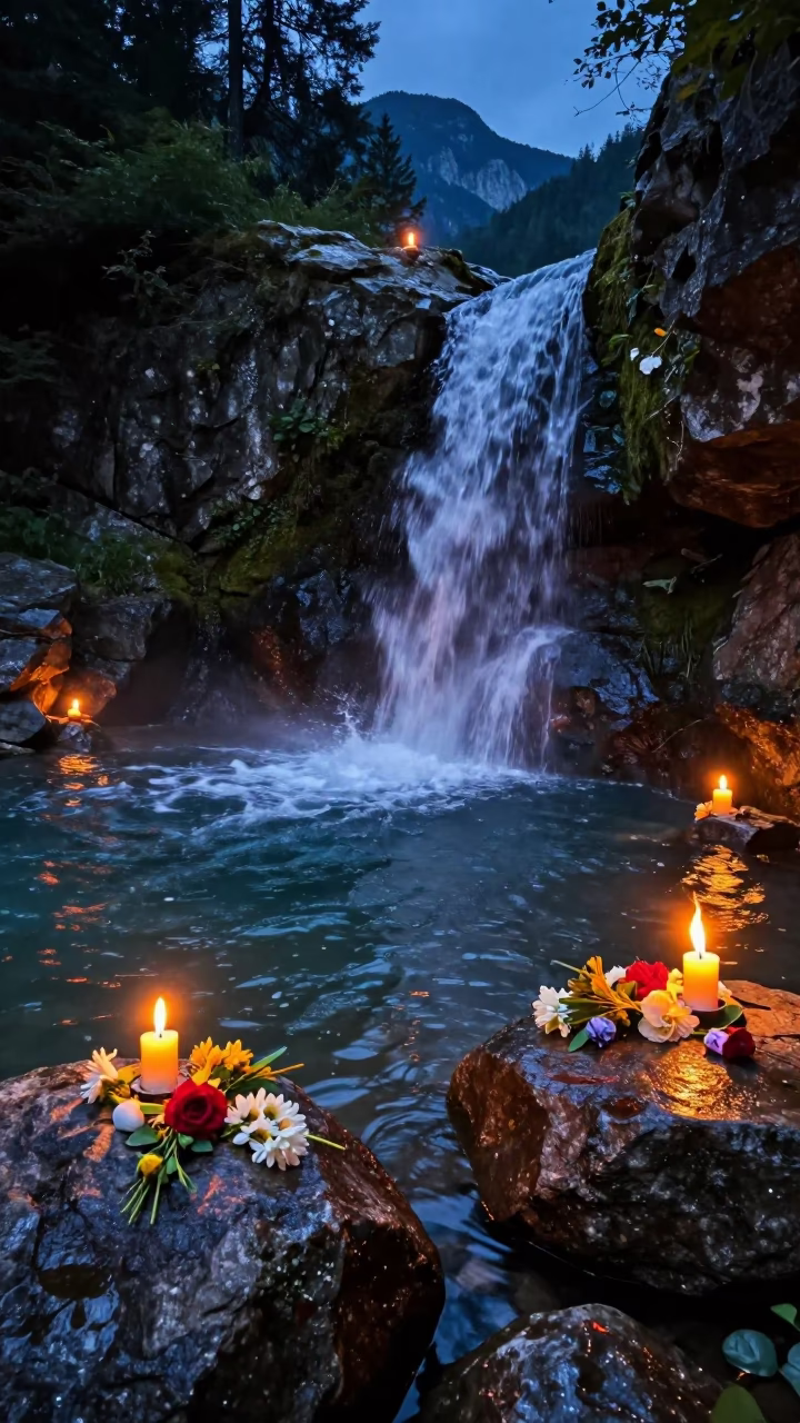 Midnight Candle Offerings at Sacred Innsbruck Waterfall in at the edge of a sacred pool in Innsbruck