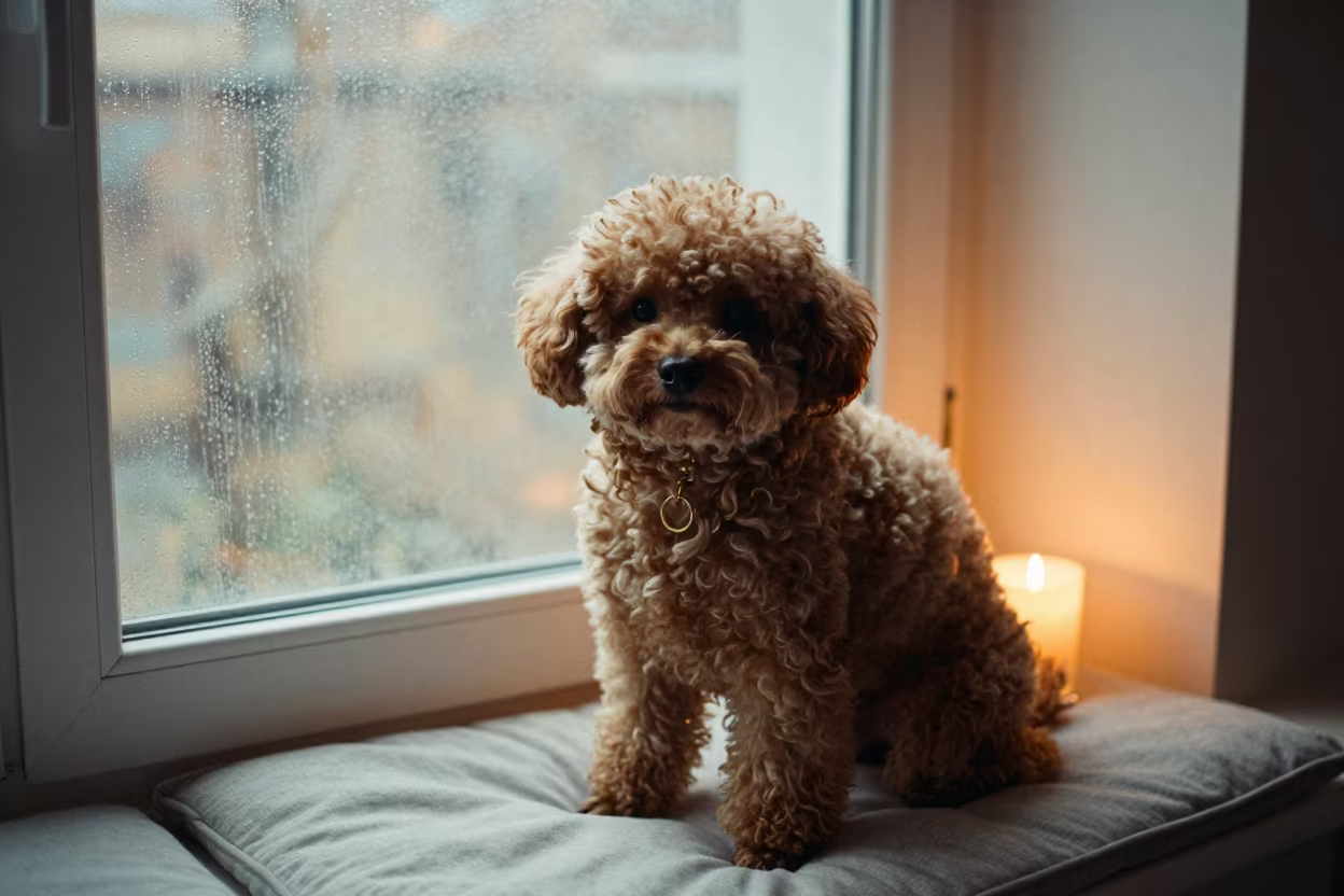 Midnight Candle Portrait of Teacup Poodle in Harbin in on a cushioned window seat with soft side light and an uncluttered background in Harbin