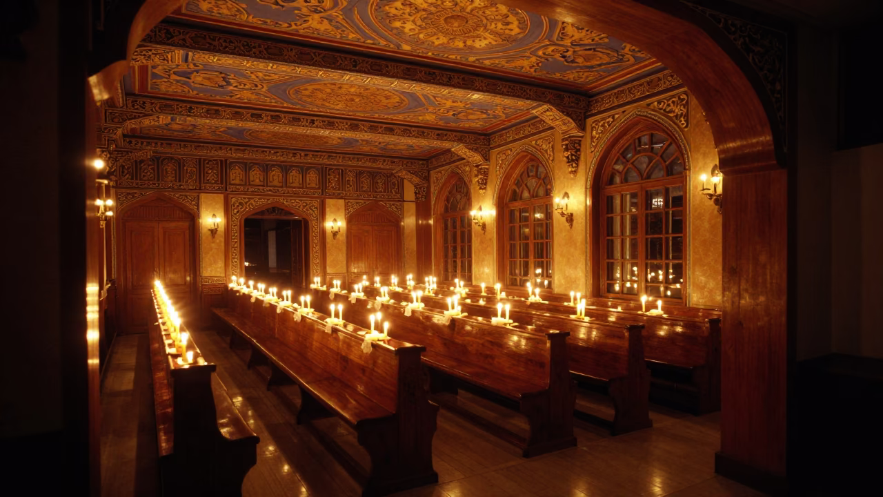 Midnight Candlelight Glow in Xi'an Synagogue in beneath a painted synagogue ceiling in Xian