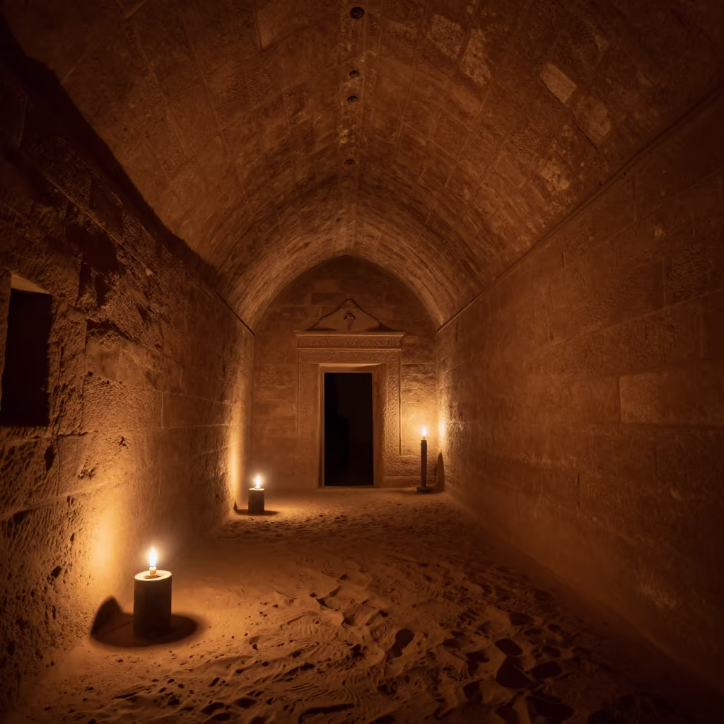 Midnight Candlelight in Nouakchott Desert Monastery in inside a quiet cloister passage in Nouakchott