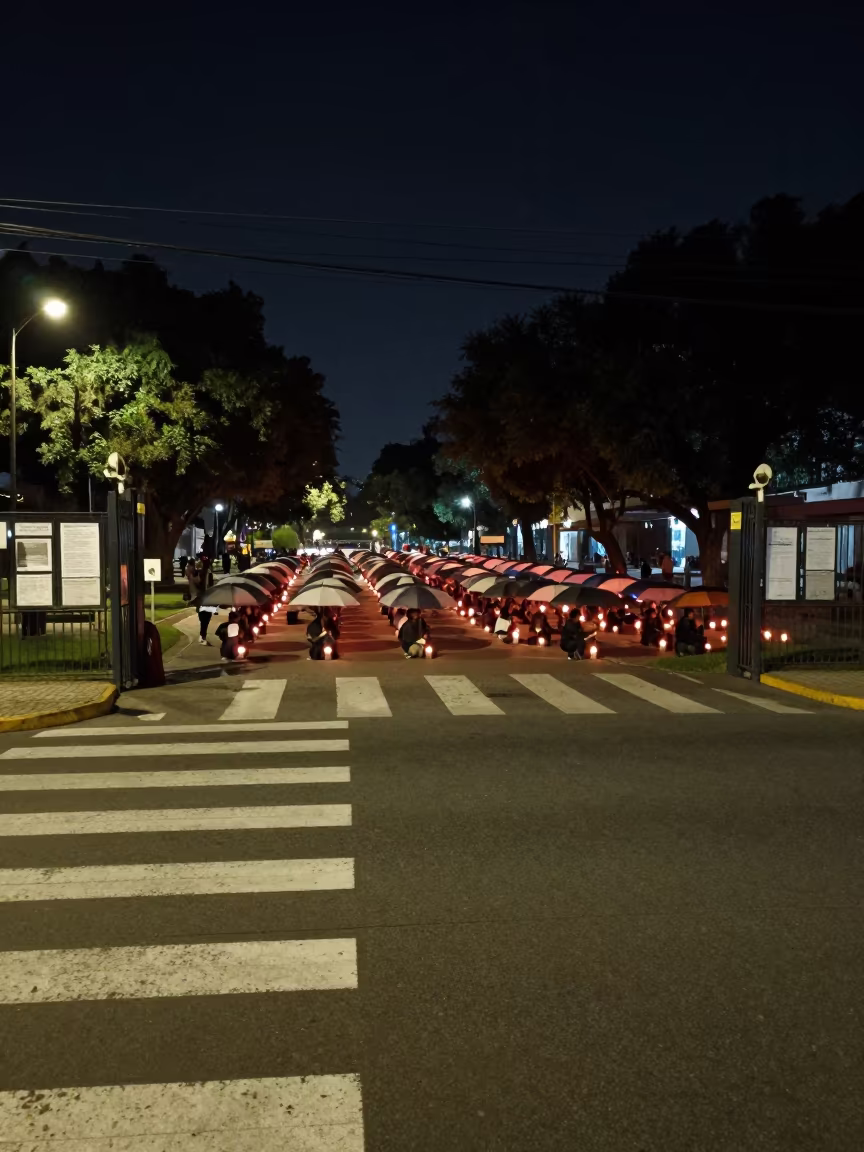 Midnight Candlelight Vigil Ezeiza Plaza Umbrellas in at a crosswalk by a school gate in Ezeiza