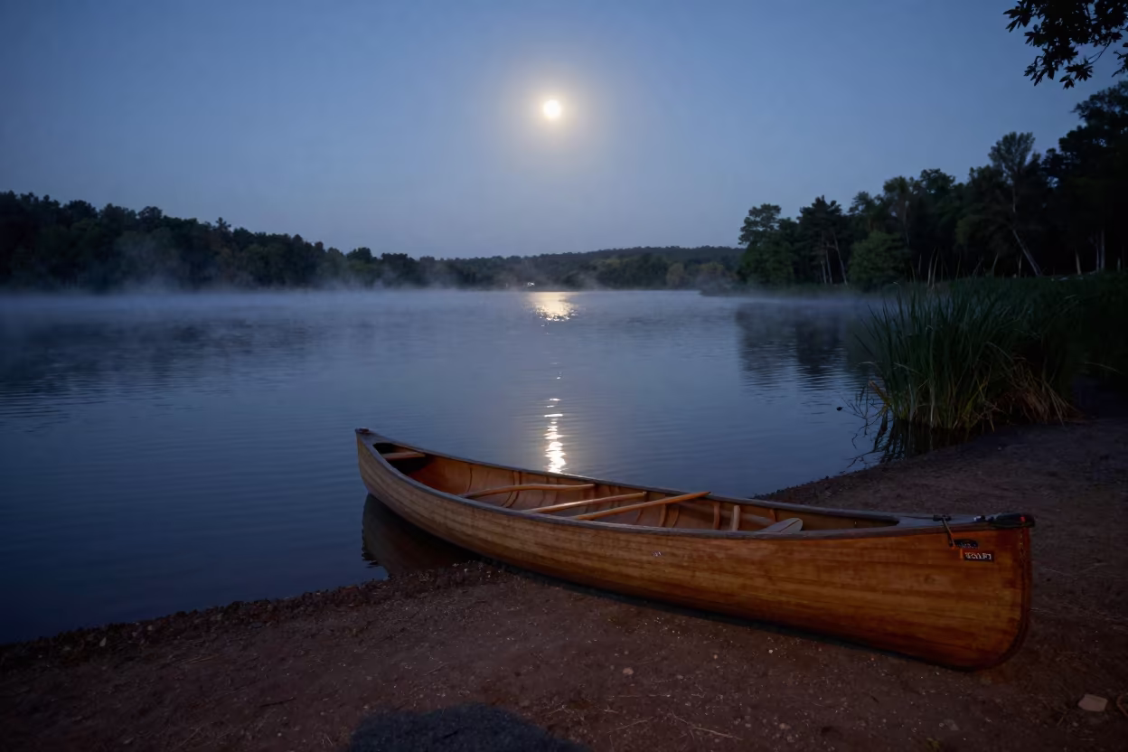 Midnight Canoe on Glassy Lake Near Colonia del Sacramento in on a wind-open causeway near Colonia del Sacramento