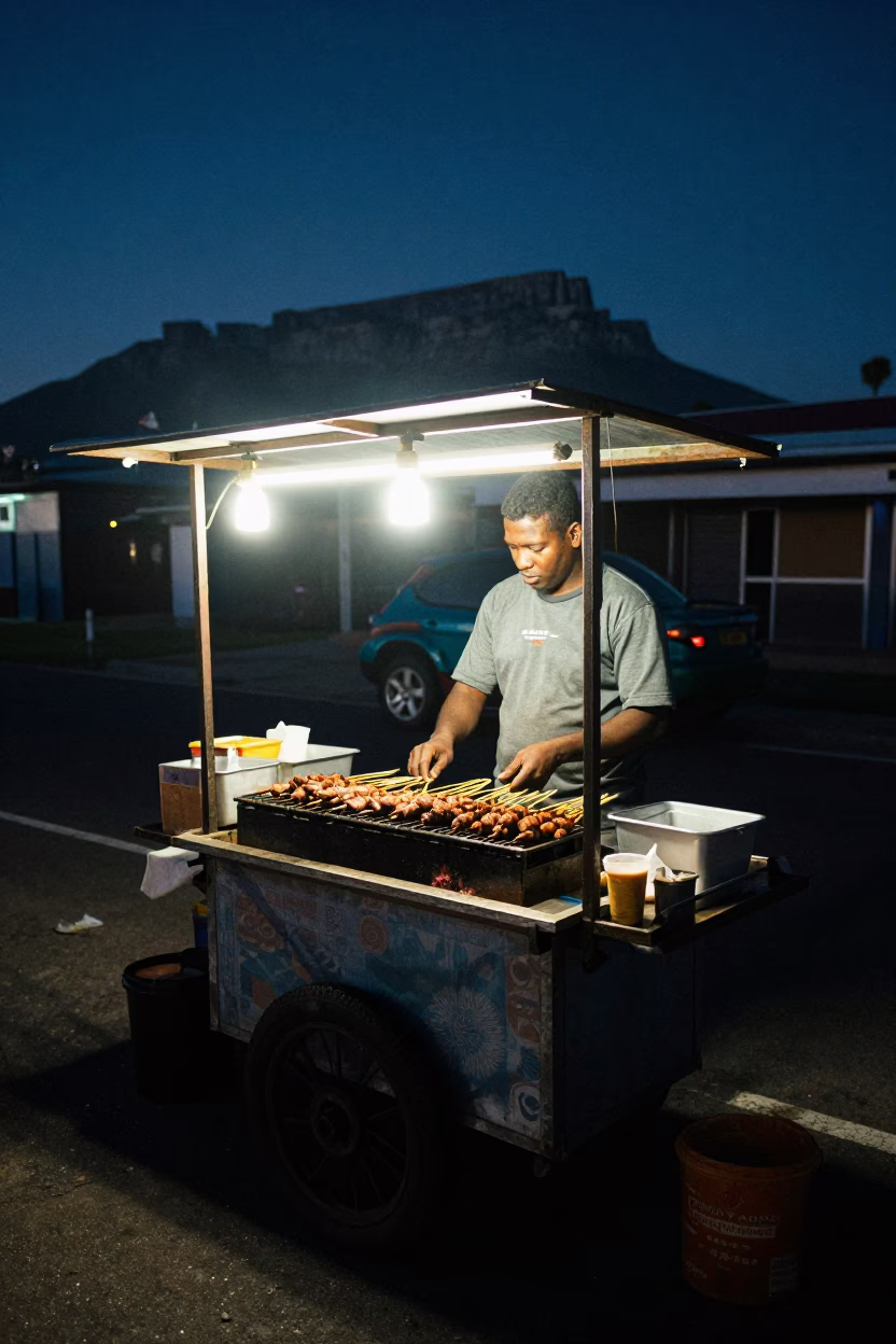 Midnight Cape Town Street Food Stall with Satay Skewers and Charcoal Grill in in Cape Town, South Africa