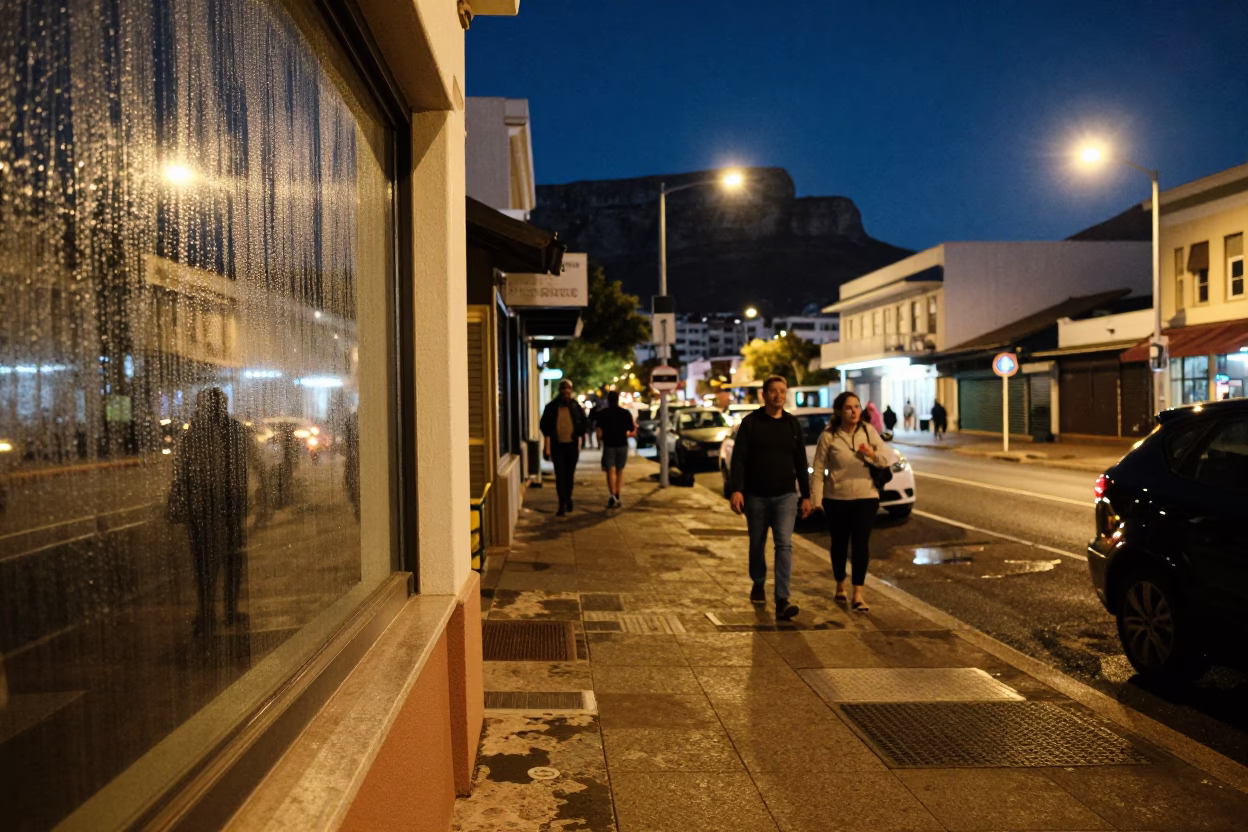 Midnight Cape Town Street Scene with Condensation and Urban Details in in Cape Town, South Africa