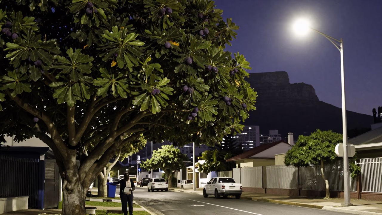 Midnight Cape Town Street Scene with Fig Tree and Clipboard Detail in in Cape Town, South Africa
