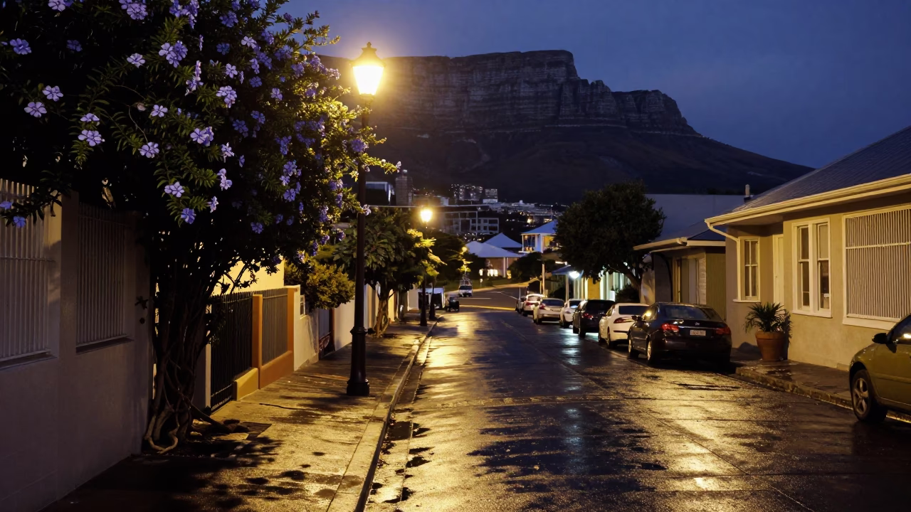 Midnight Cape Town street scene with lantern light and plumbago hedge shadows in in Cape Town, South Africa