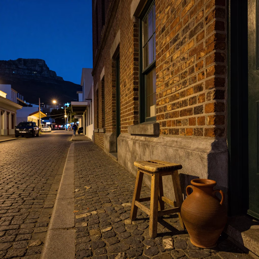 Midnight Cape Town Street Scene with Stool and Clay Pot on Cobblestone Pavement in in Cape Town, South Africa