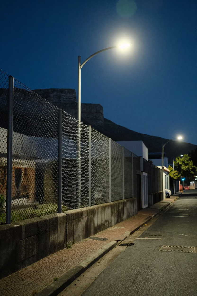 Midnight Cape Town Street Scene with Substation Fence and Dew in in Cape Town, South Africa