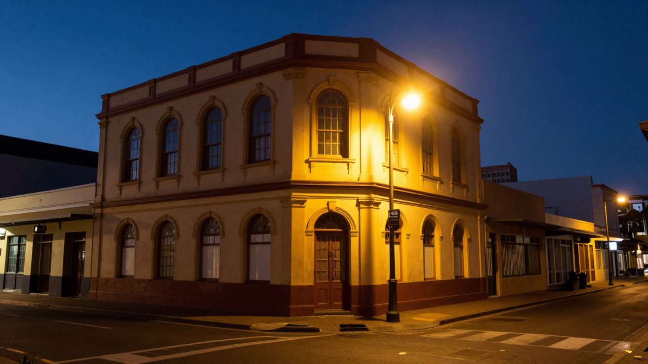 Midnight Cape Town Street Scene with Vintage 1950s Architecture and Local Life in in Cape Town, South Africa