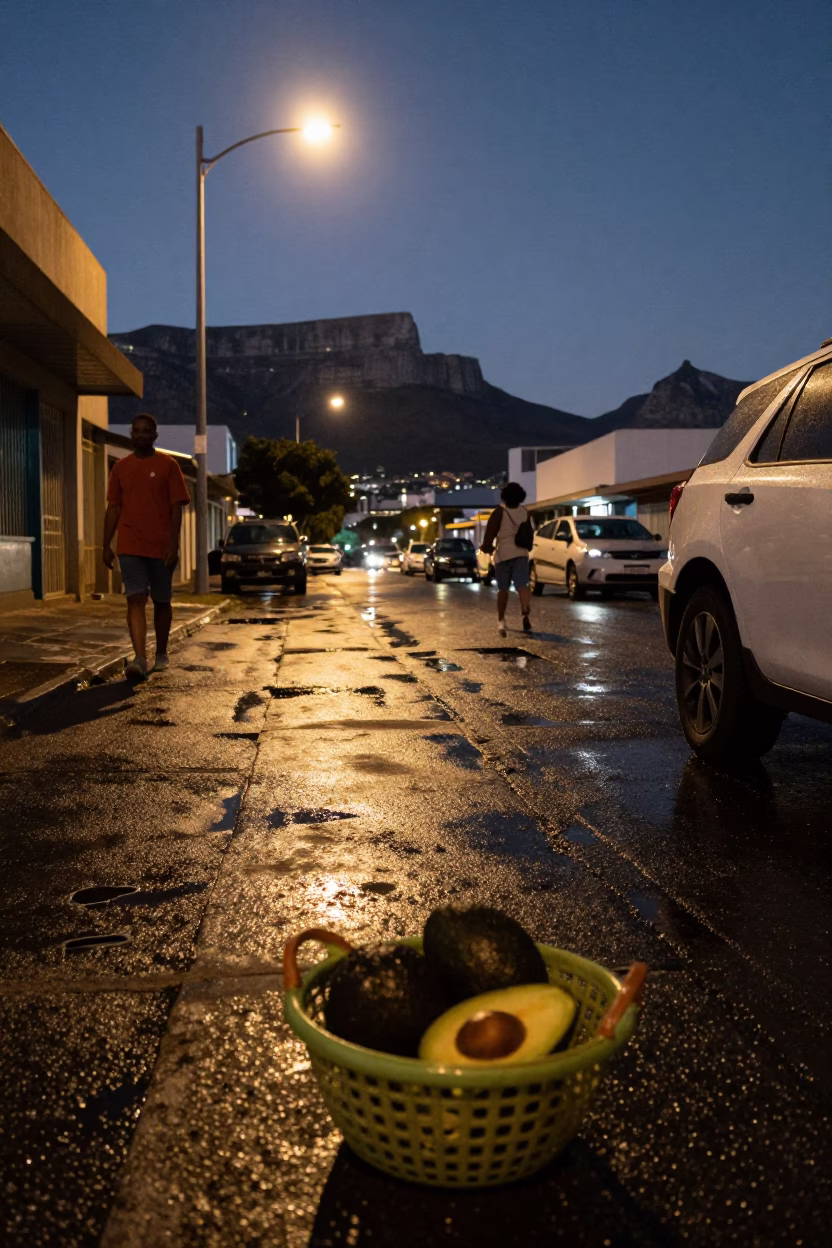 Midnight Cape Town Street Scene with Vintage Avocado Basket and Glass Bottles in in Cape Town, South Africa
