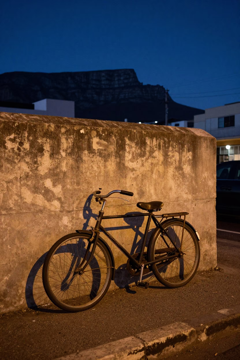 Midnight Cape Town Street Scene with Vintage Bicycle and Urban Shadows in in Cape Town, South Africa