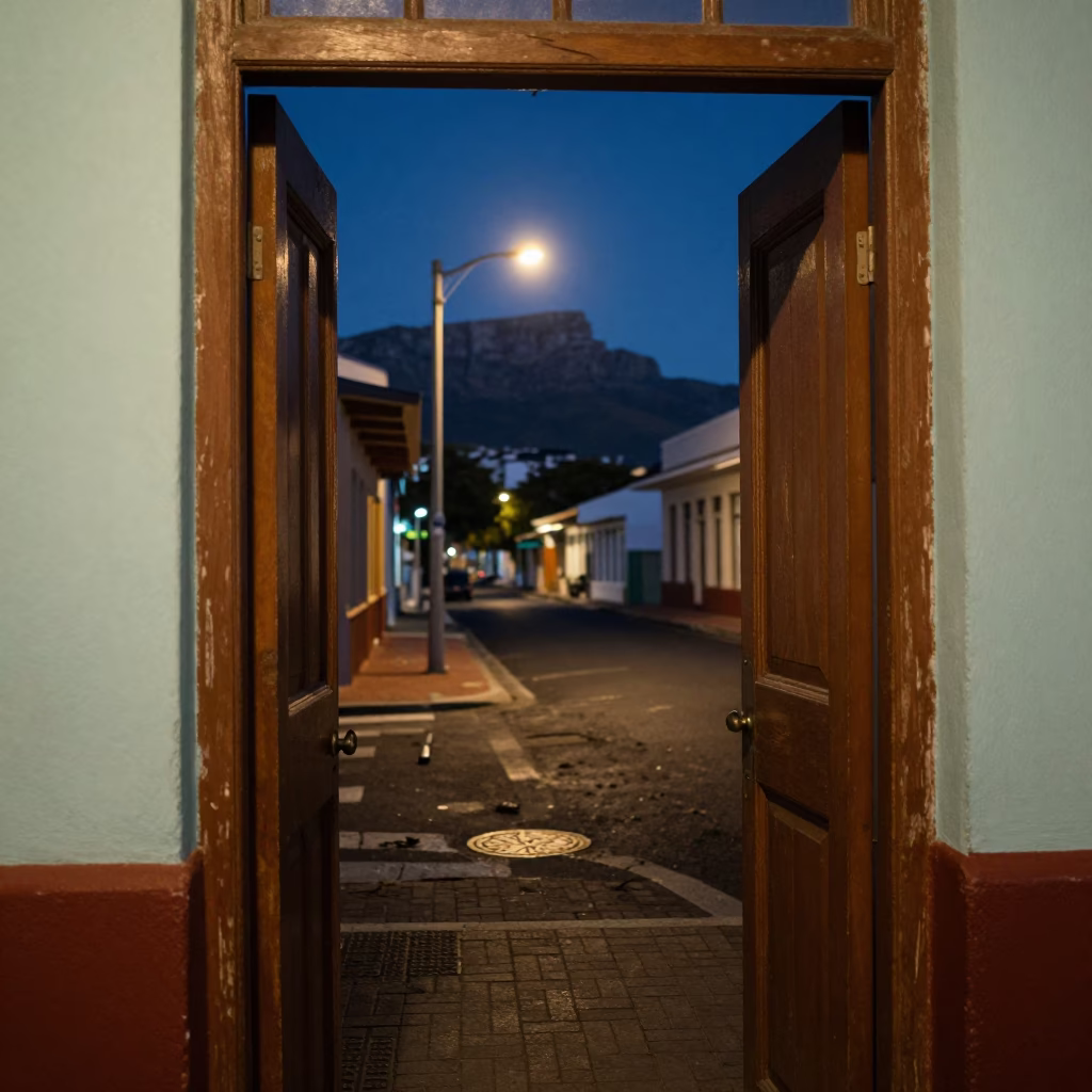 Midnight Cape Town street scene with vintage doorframe and local life in in Cape Town, South Africa