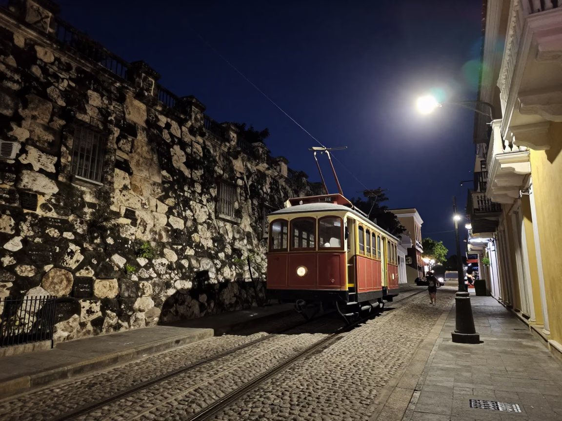 Midnight Cartagena Colombia Funicular Climb Colonial Architecture Street Scene in in Cartagena, Colombia
