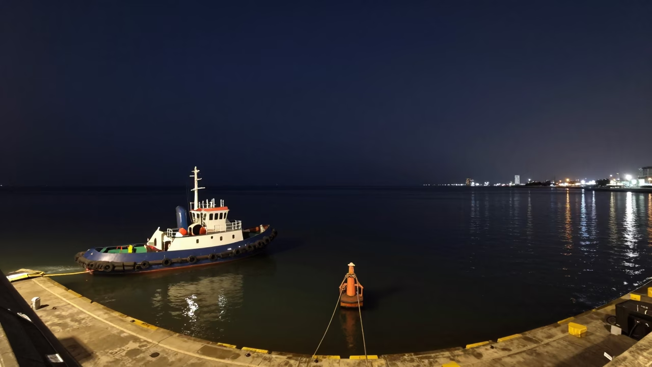 Midnight Cartagena Colombia Harbor View with Tugboat and Sewage Pumping Station in in Cartagena, Colombia