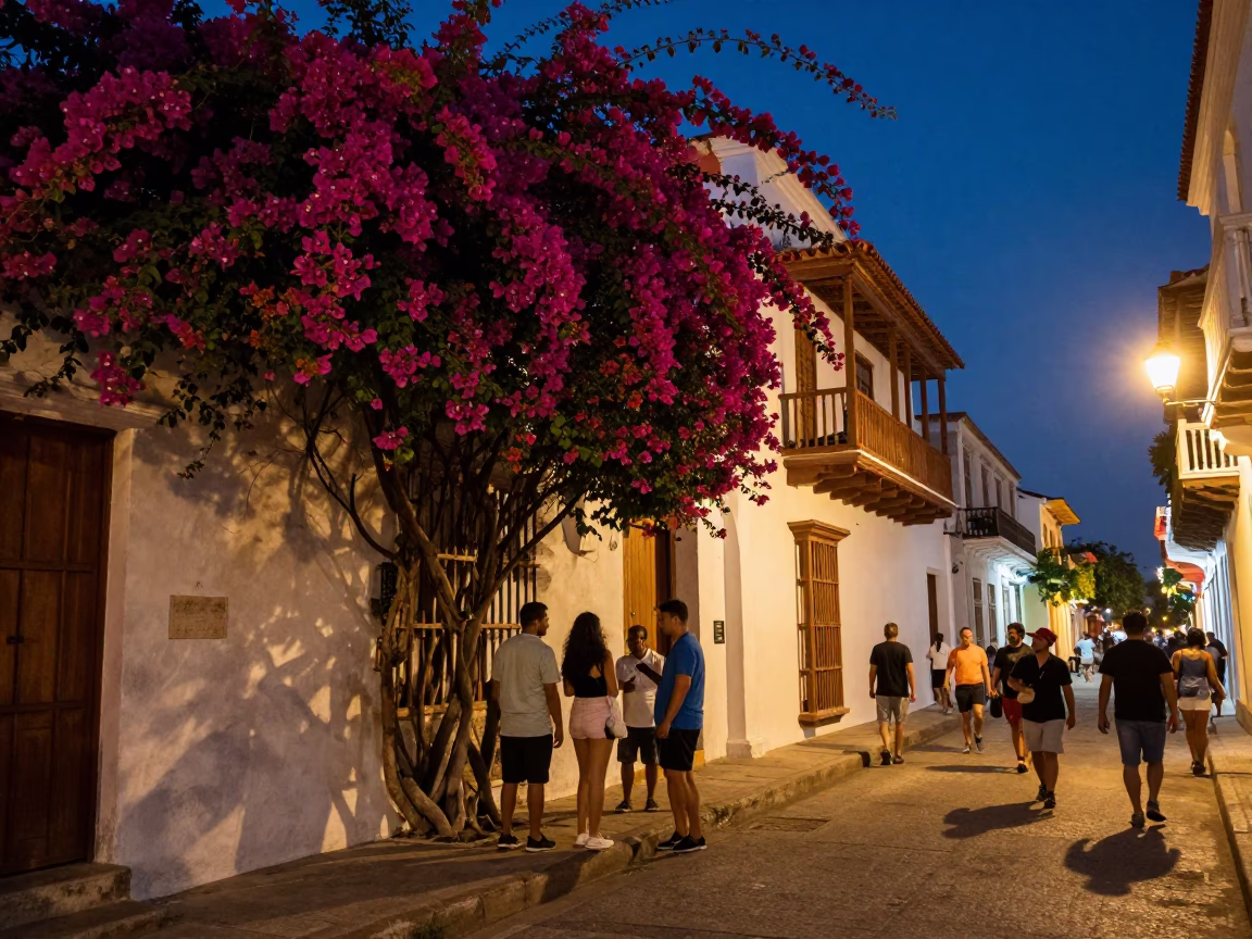 Midnight Cartagena Street Scene with Bougainvillea and Local Interaction in in Cartagena, Colombia