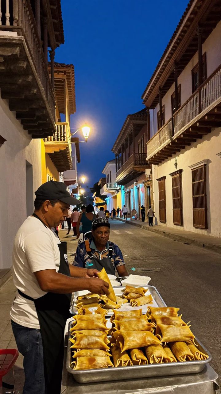 Midnight Cartagena Street Scene with Colorful Lantern and Local Street Food Vendor in in Cartagena, Colombia