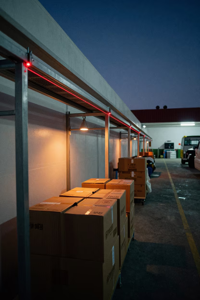 Midnight Carton Dimensioning Station with Laser Guides in inside a chilled distribution bay near Mazatlan