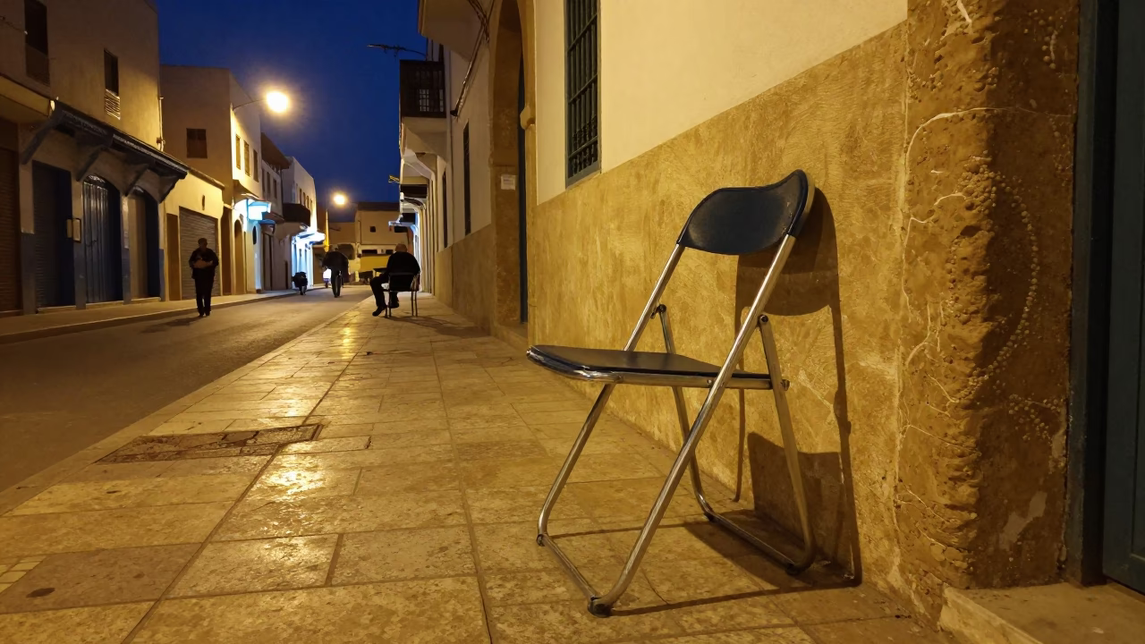 Midnight Casablanca Street Scene with Folding Chair and Linen Lamp Fringe in in Casablanca, Morocco