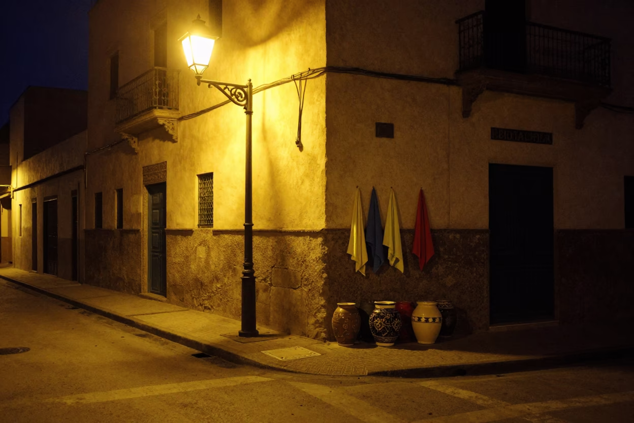 Midnight Casablanca Street Scene with Jar and Dish Towels in in Casablanca, Morocco