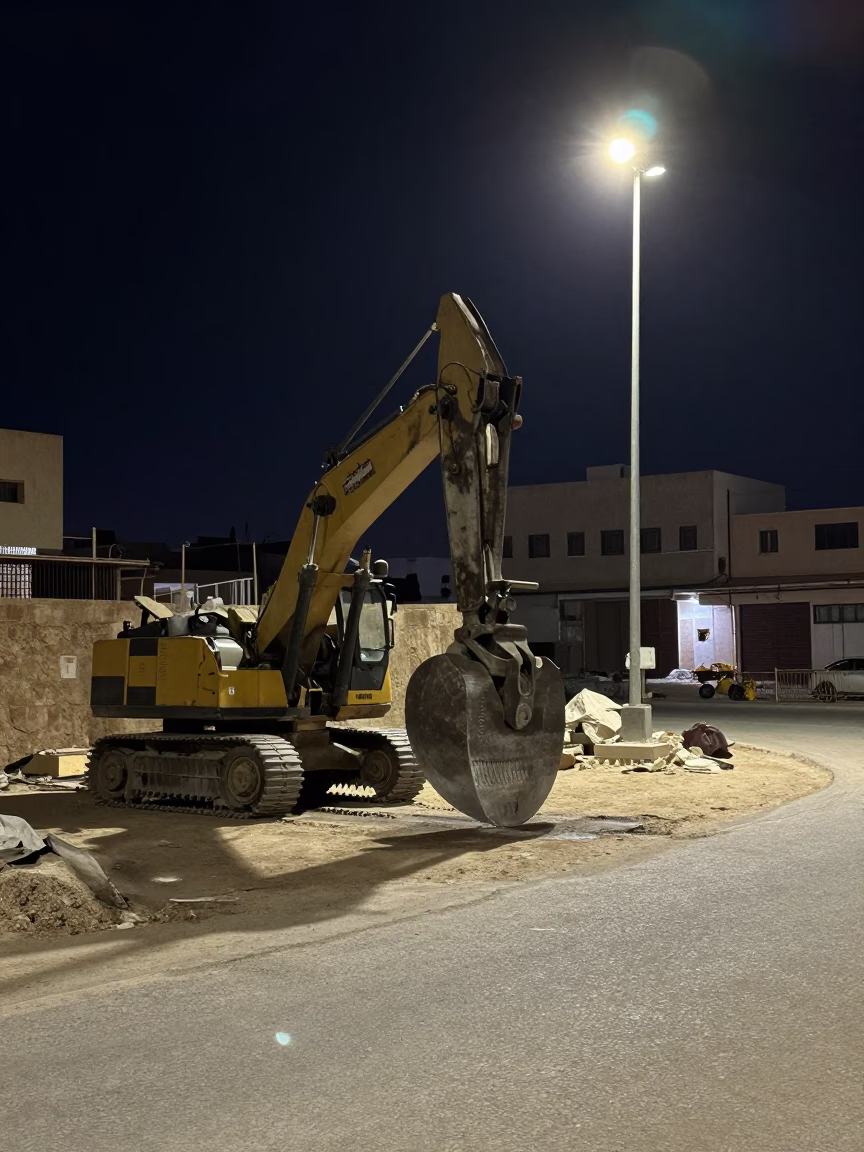Midnight Casablanca Street Scene with Pile Driver Construction and Urban Architecture in in Casablanca, Morocco