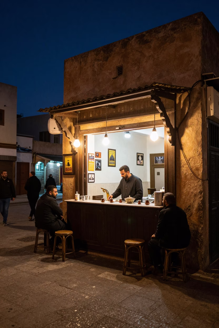 Midnight Casablanca Street Scene with Traditional Tea and Urban Details in in Casablanca, Morocco