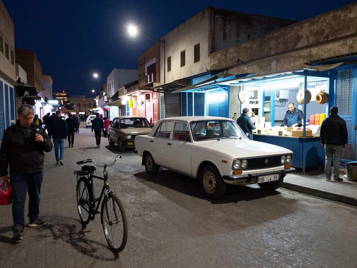 Midnight Casablanca Street Scene with Vintage Car and Bicycle Basket in Morocco in in Casablanca, Morocco