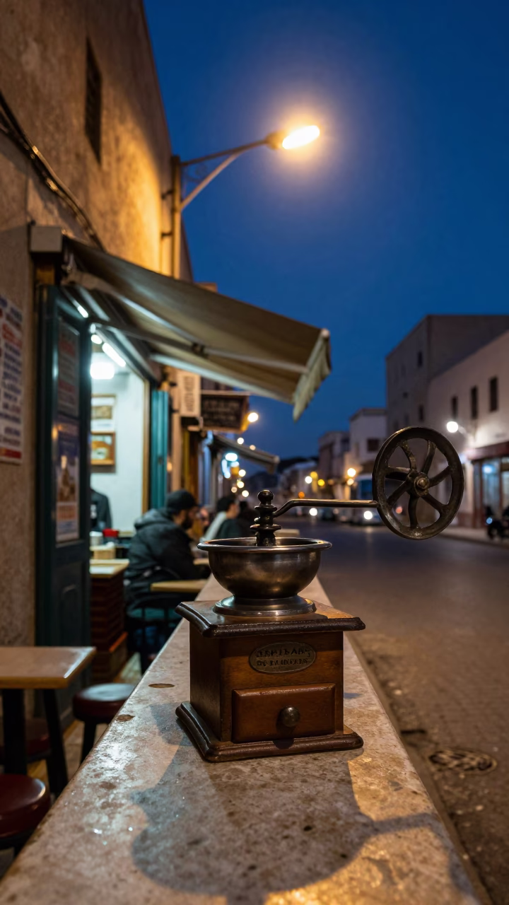 Midnight Casablanca Street Scene with Vintage Coffee Grinder and Local Market Wares in in Casablanca, Morocco