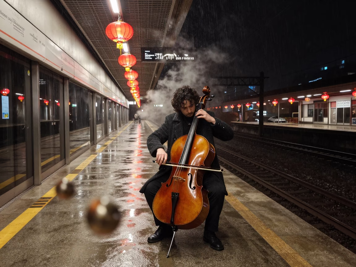 Midnight Cellist in Xian Subway Drizzle in at a street corner busking spot in Xian