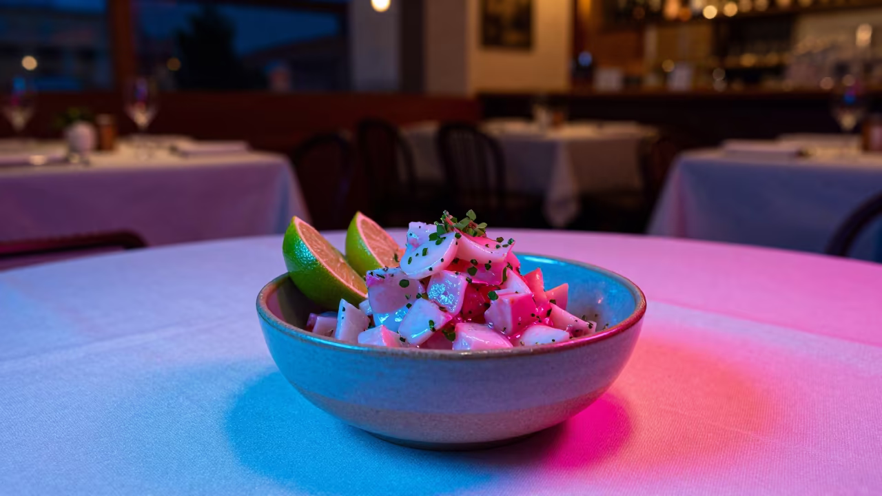 Midnight Ceviche Bowl Lime Neon Madrid in on a linen-covered restaurant table in Sol, Madrid