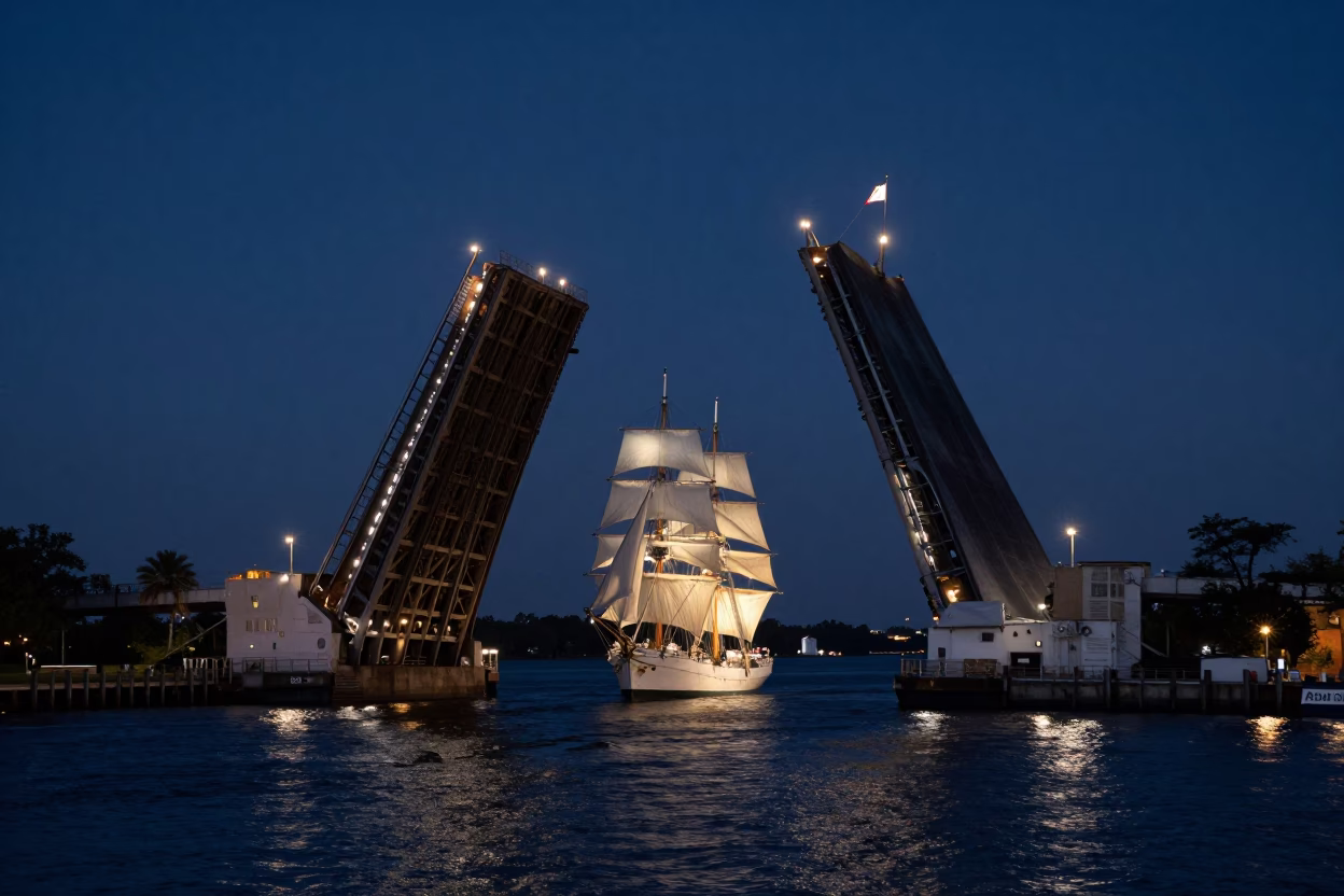 Midnight Charleston Harbor Drawbridge Raising for Tall Ship at Night in in Charleston, South Carolina, United States