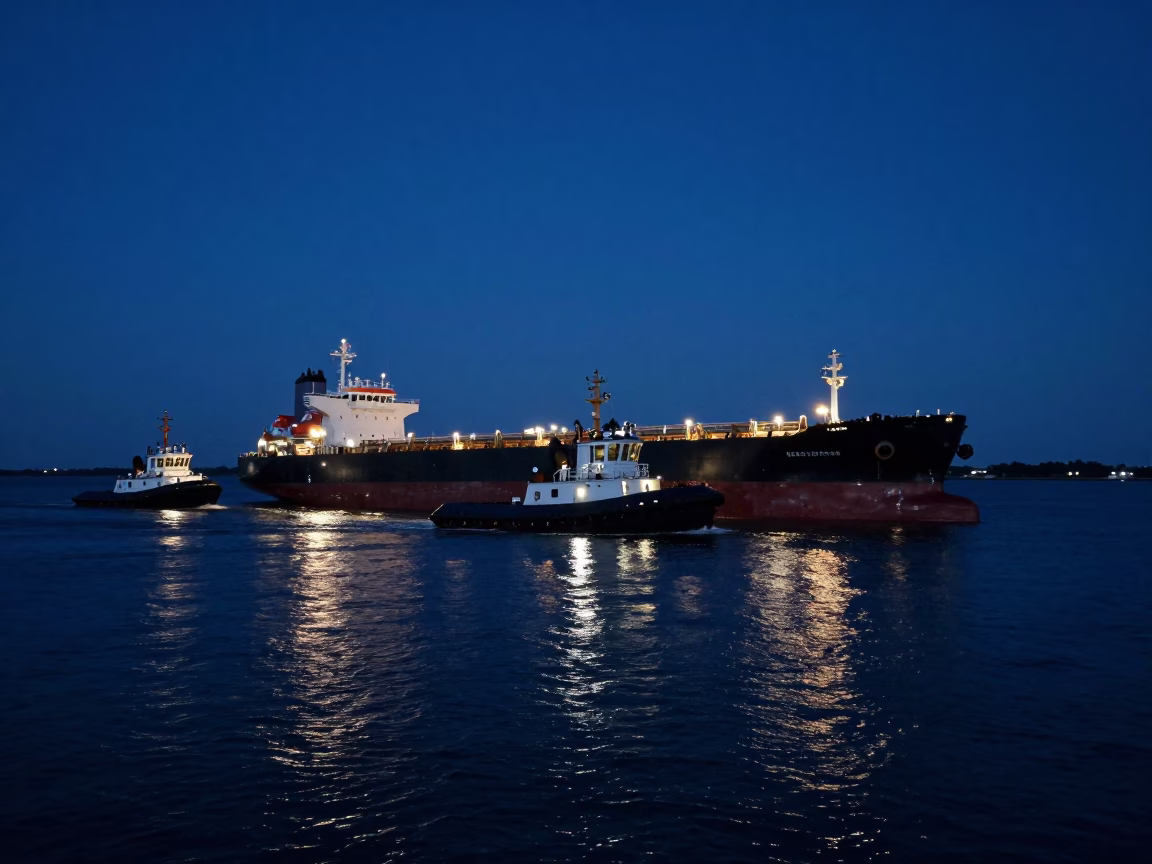 Midnight Charleston Harbor Tugboat Fleet Guiding Tanker Through Waterway in in Charleston, South Carolina, United States