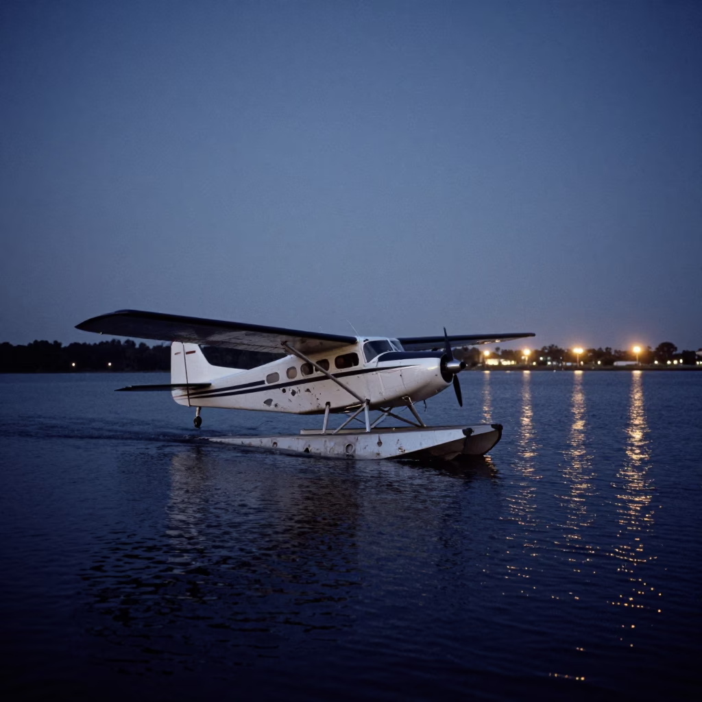 Midnight Charleston South Carolina Seaplane Landing on Lake with Crumbling Weather Station in in Charleston, South Carolina, United States