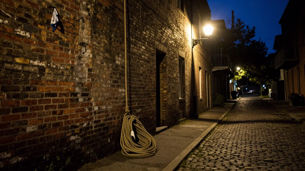 Midnight Charleston South Carolina Street Scene with Coiled Rope and Handkerchief in in Charleston, South Carolina, United States