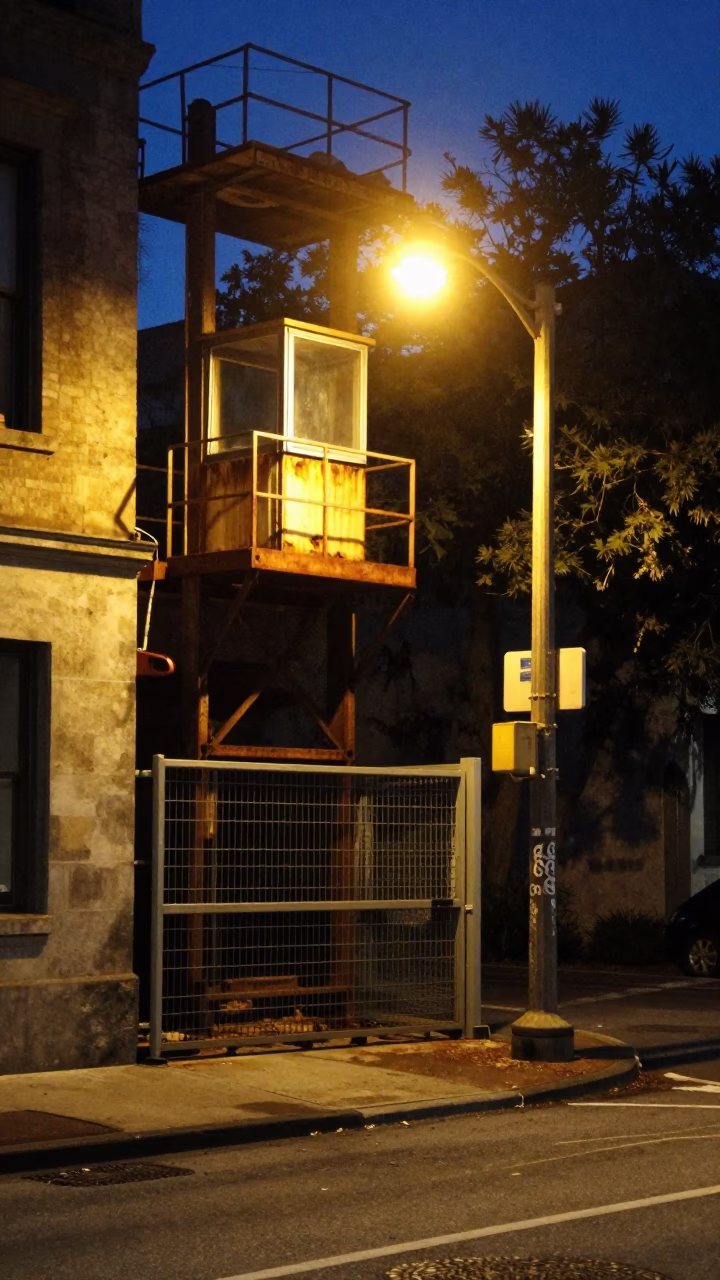 Midnight Charleston South Carolina Street Scene with Construction Elevator Gate and Rebar Bundles in in Charleston, South Carolina, United States
