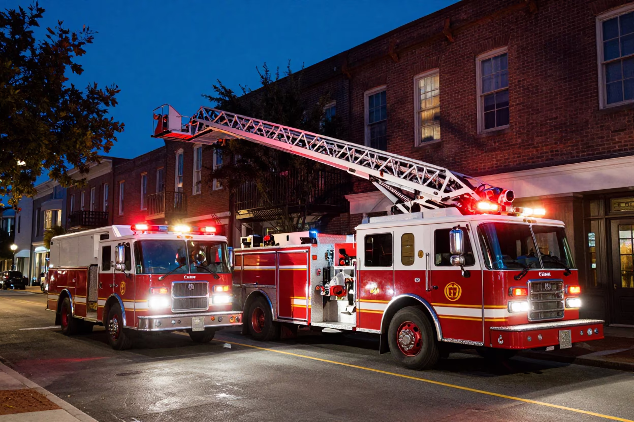 Midnight Charleston Street Scene with Fire Engine Ladder Extended Against Historic White Wall in in Charleston, South Carolina, United States