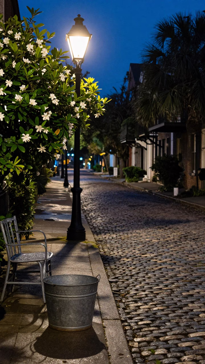 Midnight Charleston Street Scene with Gardenia Bush and Metal Bucket in in Charleston, South Carolina, United States