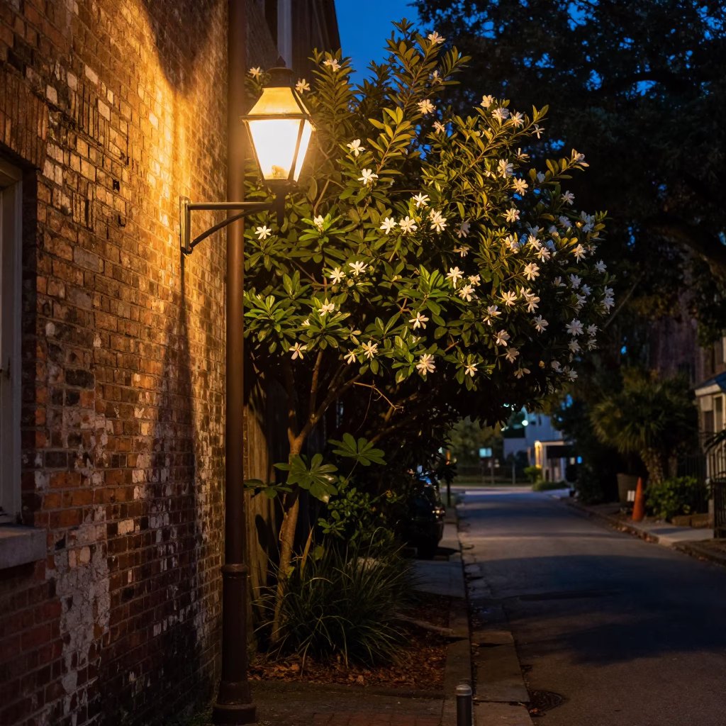 Midnight Charleston Street Scene with Gardenia Bush and Wall Shelf in in Charleston, South Carolina, United States