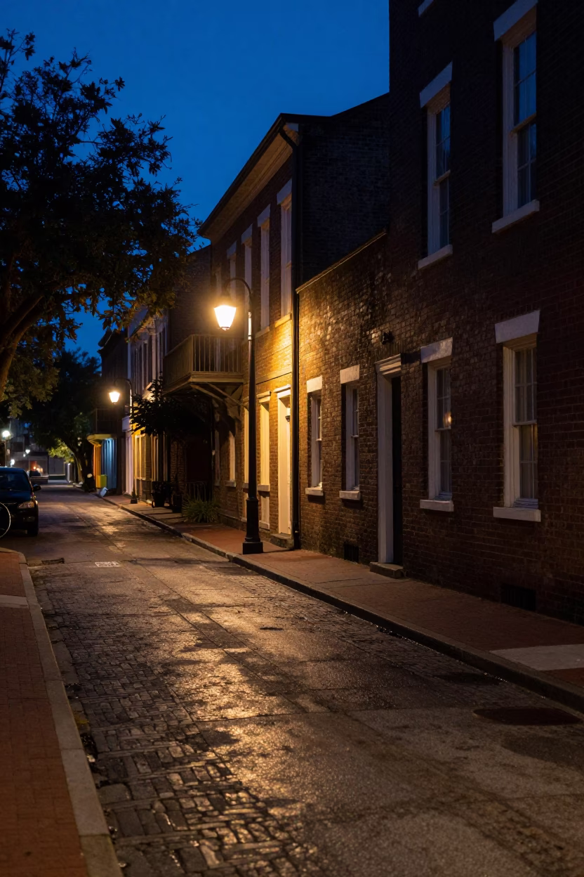 Midnight Charleston Street Scene with Grease Sheen on Historic Brick Doorframe in in Charleston, South Carolina, United States