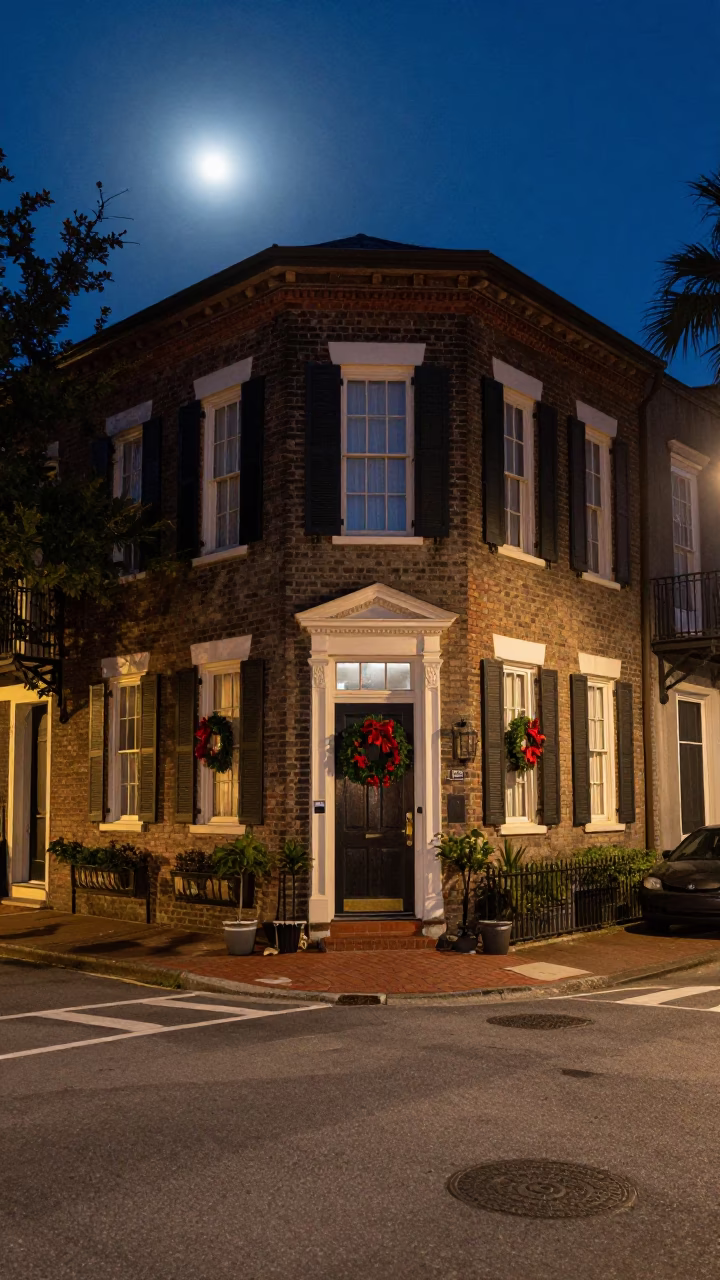 Midnight Charleston Street Scene with Historic Door Wreaths and Moonlit Architecture in in Charleston, South Carolina, United States