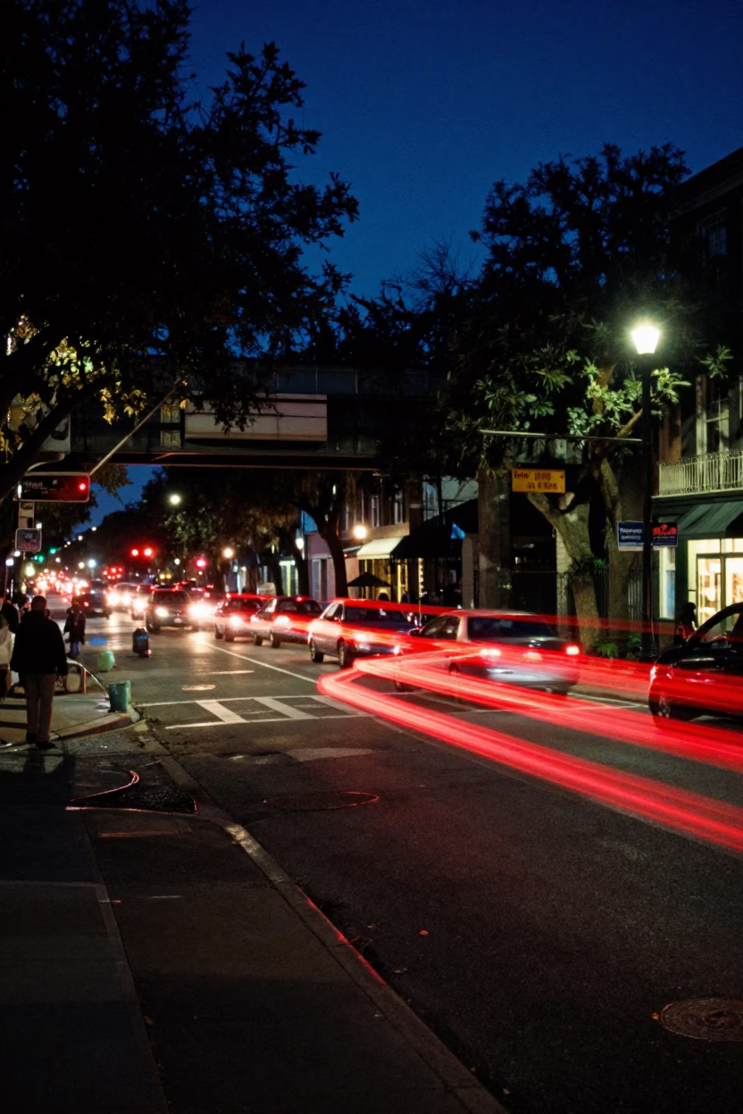 Midnight Charleston Street Scene with Overpass Taillight Streaks and Local Nightlife in in Charleston, South Carolina, United States