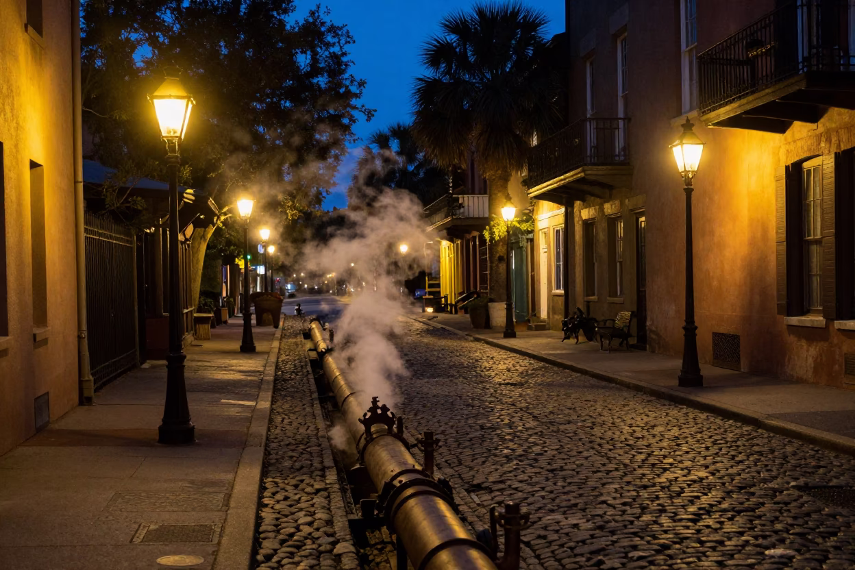 Midnight Charleston Street Scene with Steam Pipes and Local Life in in Charleston, South Carolina, United States
